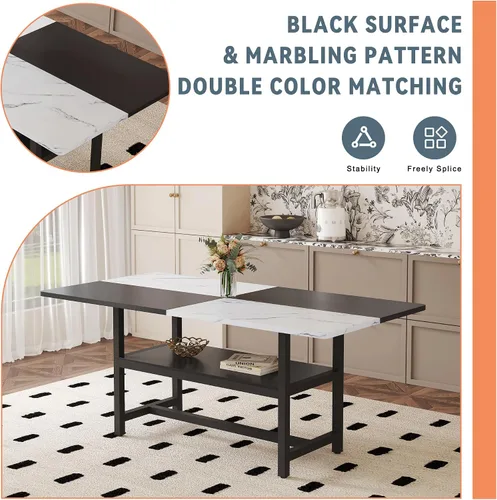 Miniatura 5 de Juego de mesa de comedor de 71 pulgadas para 6 personas con estante de almacenamiento, juego de mesa de comedor rectangular industrial moderna