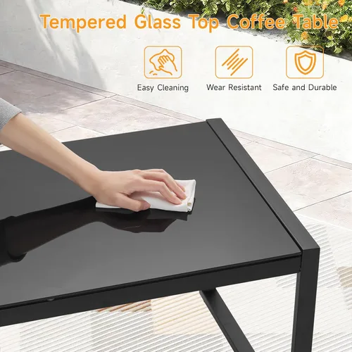 Miniatura 4 de ONBRILL Mesa de café rectangular con escritorio de vidrio templado, mesa de café para exteriores con marco galvanizado y pies ajustables para patio