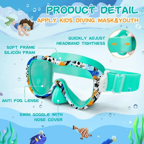 Miniatura 6 de Gafas de natación para niños con cubierta para la nariz, máscara de esnórquel panorámica de 180° con diseño antivaho y antifugas, correa de tela