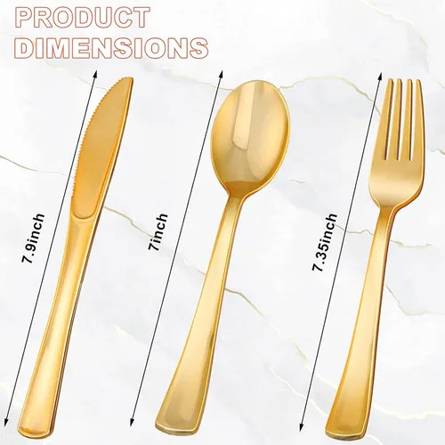 Miniatura 2 de Juego de cubiertos desechables de 60 piezas, cubiertos de plástico dorado, incluye 30 tenedores, 15 cucharas, 15 cuchillos, perfecto para fiestas