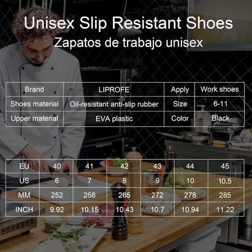 Miniatura 2 de LIPROFE Zuecos de trabajo antideslizantes negros para hombre, zapatos profesionales de chef, enfermera y jardinero, impermeables, resistentes al