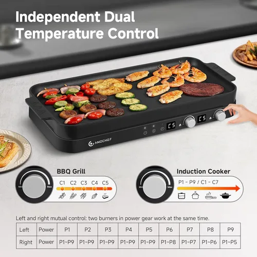 Miniatura 6 de AMZCHEF Placa de cocción de doble inducción con plancha extraíble antiadherente, 1800 W, 2 quemadores, estufa de inducción portátil con sensor