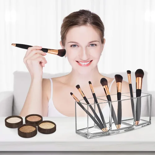 Miniatura 7 de Organizador de brochas de maquillaje transparente, organizador de brochas de maquillaje acrílico de alta calidad, 3 compartimentos, soporte