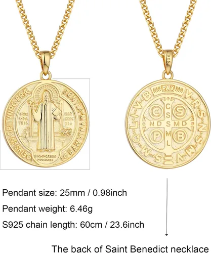 Miniatura 2 de WIOY Collar de medalla de San Benito de plata de ley 925, regalo de joyería católica de San Benito para hombres y mujeres