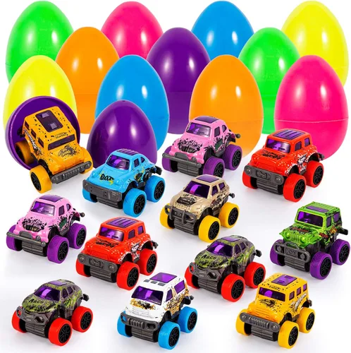 Paquete de 12 huevos de Pascua rellenos con autos de aleación para niños de 3 a 6 años, vehículos monstruos de retroceso juguetes para recuerdos de