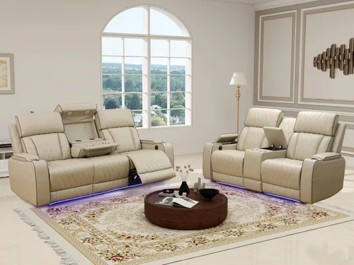 Miniatura 23 de Juego de sofá reclinable eléctrico, seccional de cuero transpirable beige, juego de muebles de sala de estar, 2 piezas, sofá reclinable eléctrico