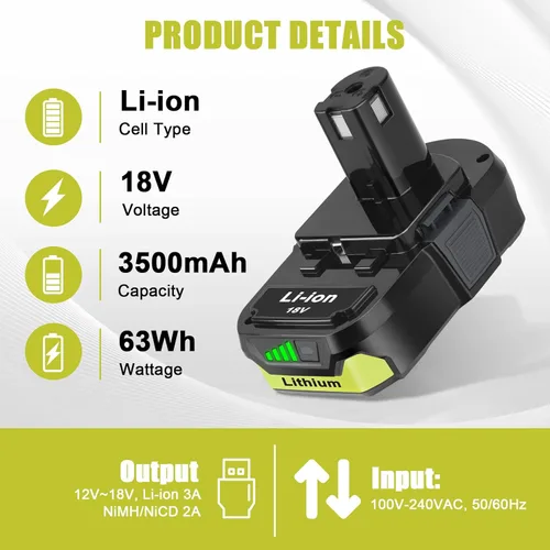 Miniatura 2 de KUNLUN Paquete de 2 baterías P102 de 3.5Ah para batería Ryobi de 18 V y cargador P117 compatible con herramientas eléctricas Ryobi 18 voltios ONE+