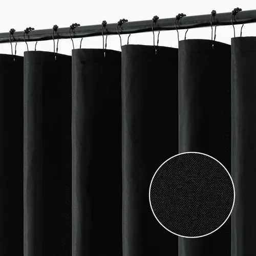 ANRODUO Cortina de ducha de lino negro - Juego de cortina de ducha de tela con 12 ganchos de metal, poliéster texturizado impermeable de servicio