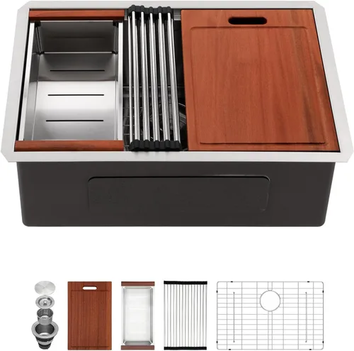 Miniatura 44 de Sarlai 33 Fregadero de Cocina Empotrado - Fregadero de 33 x 19 Pulgadas Bajo Encimera Estación de Trabajo de Profundidad Sencillo Tazón 16 Calibre