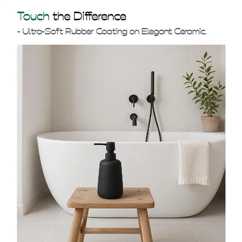 Miniatura 7 de Dispensador de jabón de cerámica negro mate, dispensador recargable de encimera de baño o cocina de 13 onzas con revestimiento de goma suave al tacto