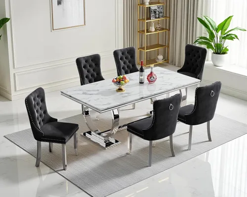 Miniatura 24 de Juego de mesa de comedor de mármol para 4, mesa de cocina rectangular de mármol blanco de 70 pulgadas con base en O de acero inoxidable dorado
