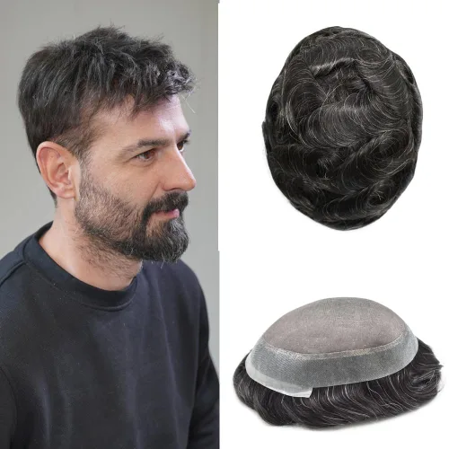 Miniatura 101 de Tupé para hombres, piezas de cabello humano real, sistema de unidades de cabello natural, línea capilar natural, pieza de repuesto para hombres