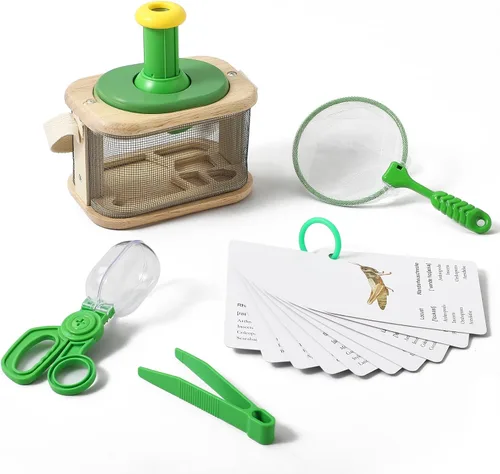 Atrapa insectos de madera para niños, lupa giratoria de 360°, kit de explorador de insectos, con hábitat de insectos, red de mariposa, pinzas para