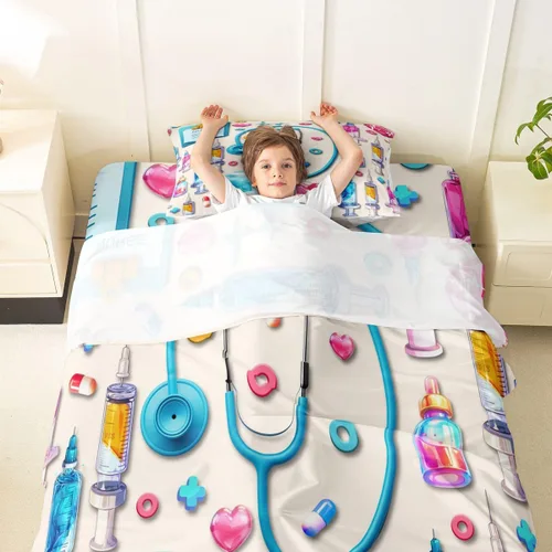 Miniatura 3 de Erosebridal Nurse Sheet Set Stethoscope Twin Sheets Set for Teen Boys,Colorful Medical Healthcare Heartbeat Syringe Fitted Sheet