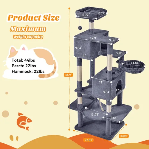 Miniatura 2 de DUMOS Torre grande de árbol para gatos de 66 pulgadas, torre alta de escalada para gatos de varios niveles con postes rascadores de sisal natural