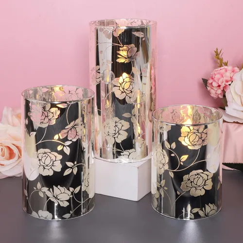 Miniatura 5 de Velas de Cristal Florales Sin Llama Rosa Románticas Operadas con Batería con Control Remoto Parpadeantes LED Plateadas Vela de Pilar de Cera Real