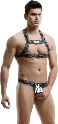 Miniatura 3 de Swbreety Arnés para hombre, camiseta sin mangas de camuflaje para el pecho, correa para el pecho, disfraces, camiseta muscular y tanga con anillo