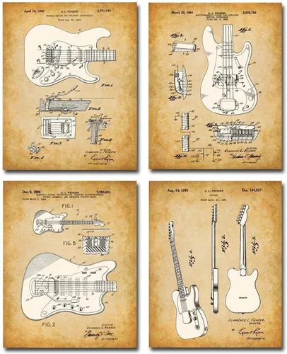 Juego de cuatro fotos (8 x 10) para decoración de pared, cuadros de guitarra Fender de 8 x 10 pulgadas, imágenes de pared de guitarra, gran póster