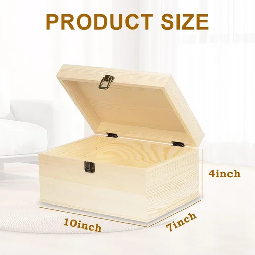 Miniatura 2 de Paquete de 2 cajas de madera sin terminar, caja grande de madera con tapa con bisagras, cierres frontales, cajas de madera natural