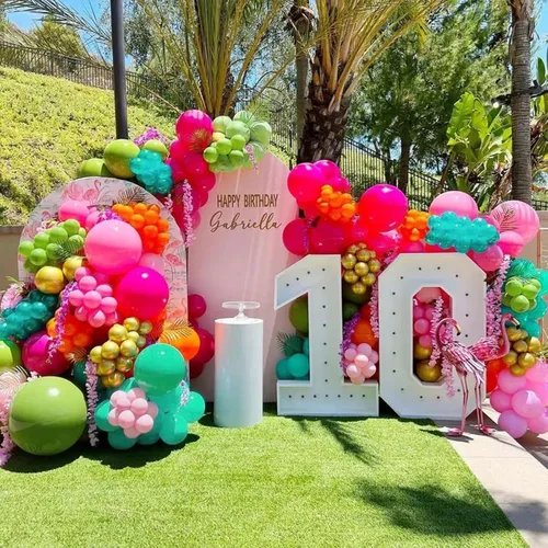 Miniatura 5 de HILAVO - Kit de globos tropicales, 60 globos hawaianos de 12", color rosa intenso, naranja, verde azulado, verde, dorado metálico, globos de látex
