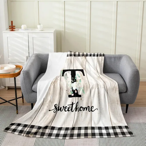 Miniatura 30 de Erosebridal Flower Initial S Flannel Blanket White Floral Flowers Fleece Blanket,40"X50",Personalized Letters Fuzzy Plush Throw for Sofa Beige Negro