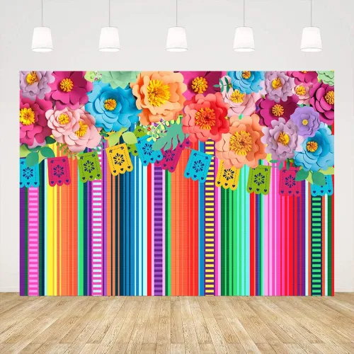 Ticuenicoa Telón de fondo de fiesta mexicana de 6 x 4 pies, fondo de fiesta con diseño de flores de cinco de mayo, para fotos, rayas florales,