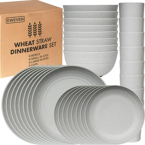 Juego de vajilla de paja de trigo | Juegos de vajilla irrompible | Vajilla apta para lavavajillas | Juegos de vajilla ecológicos irrompibles | Gris