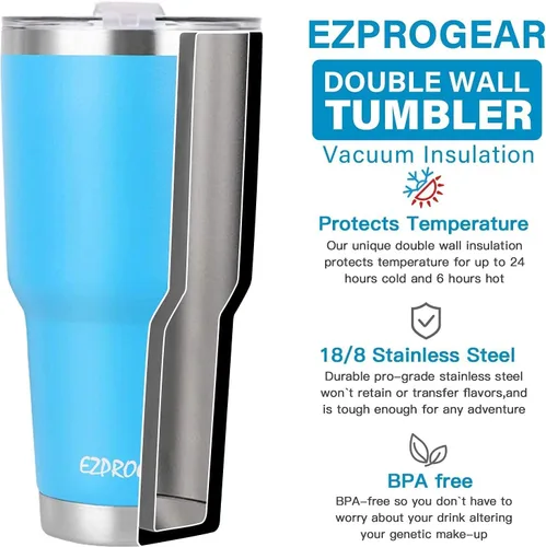 Miniatura 5 de Ezprogear Vaso de acero inoxidable de 40 onzas con aislamiento de doble pared con asa y tapa (azul)