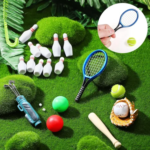 Miniatura 3 de Skylety Juego de 23 piezas de deportes en miniatura para casa de muñecas, mini golf, béisbol, tenis, bolos, palos de pelota de golf, raqueta, mini