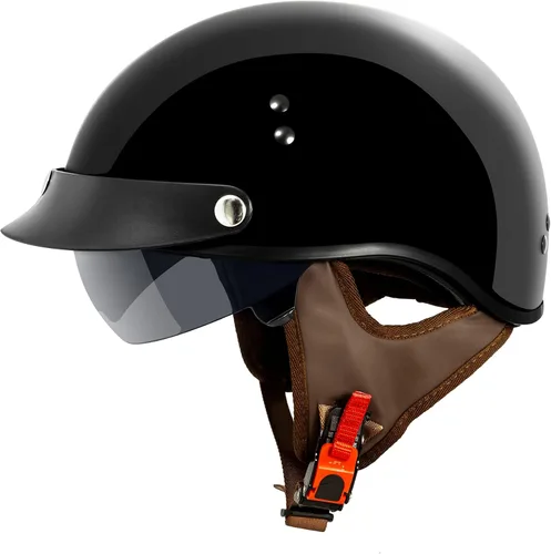 Miniatura 7 de VCAN Cruiser - Casco de motocicleta de media cara con visera abatible, pico extraíble y hebilla de liberación rápida Bandera negra brillante