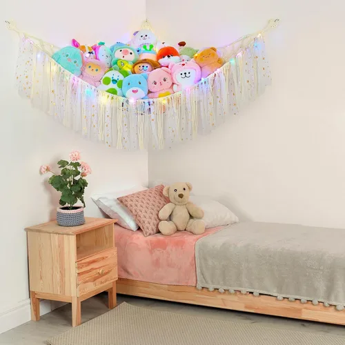 Miniatura 7 de FIOBEE Red de Animales de Peluche o Hamaca con Luz LED, Hamaca de Juguetes Colgante Organizador de Almacenamiento Soporte para Animales de Peluche