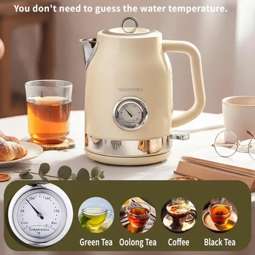 Miniatura 2 de Hervidor eléctrico retro de 1.7L, hervidor de té de acero inoxidable 304 con medidor de temperatura, hervidor de agua de ebullición rápida de 1500W