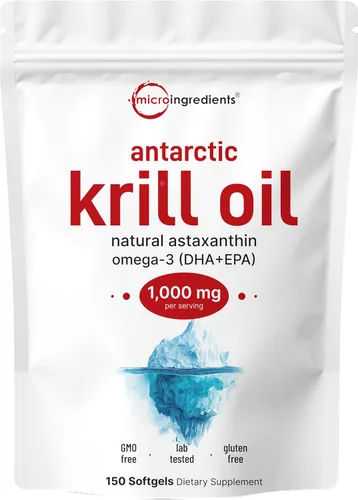 Micro Ingredients Suplemento de aceite de krill antártico con astaxantina natural, 1000 mg por porción, 150 geles suaves, rico en omega-3 EPA y DHA,