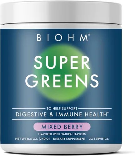BIOHM Super Greens, polvo de superalimento verde (8.5 onzas, 30 porciones) antioxidante en polvo vegetal y mezcla de batidos, 34 superalimentos y
