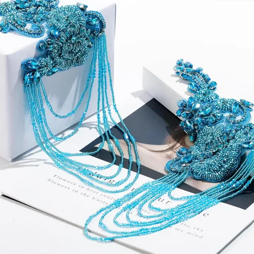 Miniatura 4 de Pareja de adornos de pedrería con cuentas en azul cielo, bordados de aplique para ropa, hombreras con pedrería de diamantes y lentejuelas