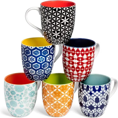 Annovero Juego de 6 tazas de café grandes de porcelana para mujeres u hombres, aptas para microondas y lavavajillas, resistentes a las astillas,