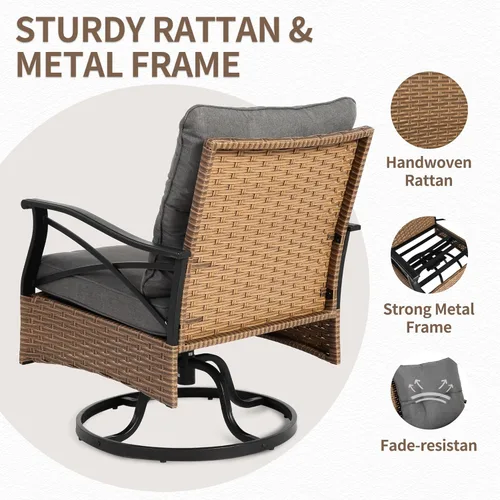 Miniatura 5 de HOMEFUN Juego de 3 piezas para patio giratorio para exteriores, juego de mimbre con mecedoras de 360°, cojines gruesos y fundas extraíbles, mesa