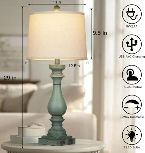 Miniatura 2 de Cinkeda Juego de 2 lámparas de mesa de 29 pulgadas de alto para sala de estar, lámparas vintage para mesita de noche con puertos USB C+A y salida
