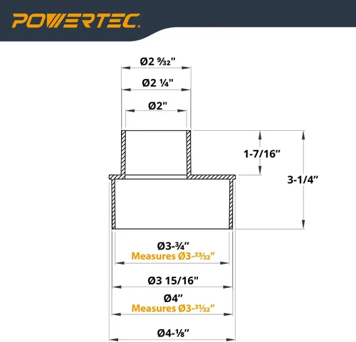 Miniatura 2 de POWERTEC 70146 Reductor excéntrico de 4 pulgadas a 2-1/4 pulgadas, accesorios reductores de recolección de polvo para manguera de recolección
