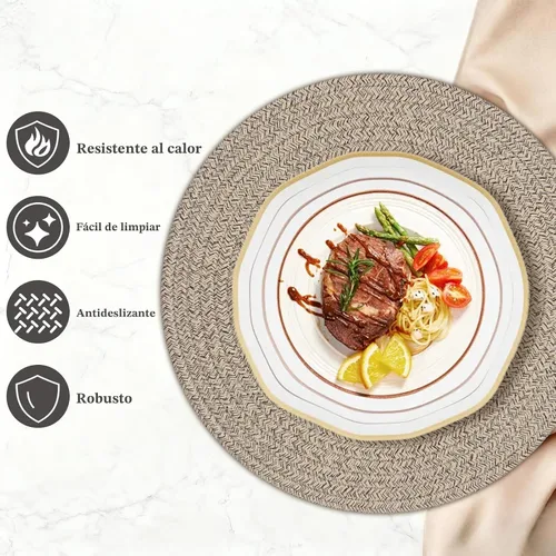 Miniatura 3 de Juego de 6 manteles individuales redondos, alfombrillas de mesa tejidas con cuerda de algodón, almohadillas calientes para cocina, antideslizantes