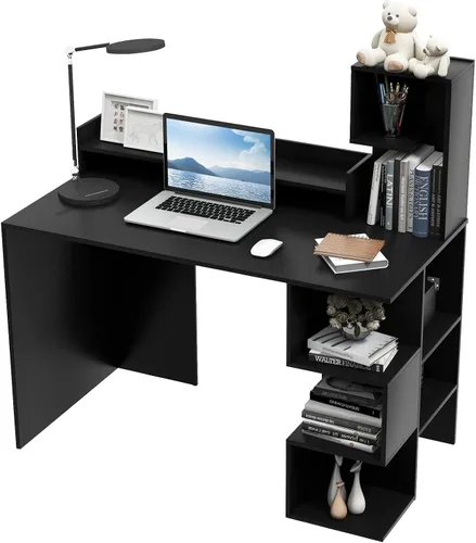 Tangkula Escritorio para computadora con estantería de almacenamiento y gabinete, escritorio moderno de oficina en casa de 48 pulgadas con 8 Negro