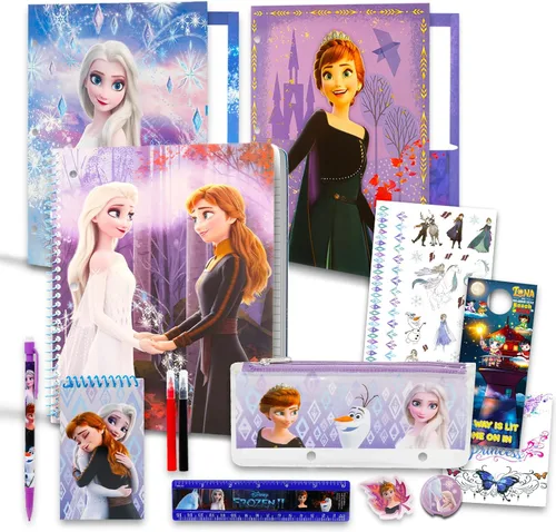 Disney Frozen School Stationery Set – Incluye una carpeta de cartera, cuaderno, borrador, sacapuntas, lápiz, tatuajes y más | Suministros de regreso