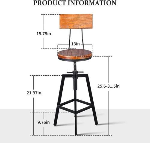 Miniatura 2 de Taburetes de bar industriales con respaldo de madera de 25 a 32 pulgadas de altura ajustable para isla de cocina, silla de comedor, taburete extra