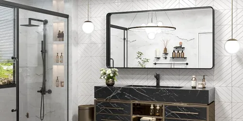 Miniatura 2 de TokeShimi - Espejo de pared de 48 x 24 pulgadas con marco de aluminio negro para baño, espejo de tocador de baño con marco de metal de esquinas