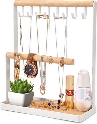 Portin Organizador de joyas con bandeja de anillos de madera y ganchos almacenamiento de collares pulseras anillos relojes organizador de escritorio