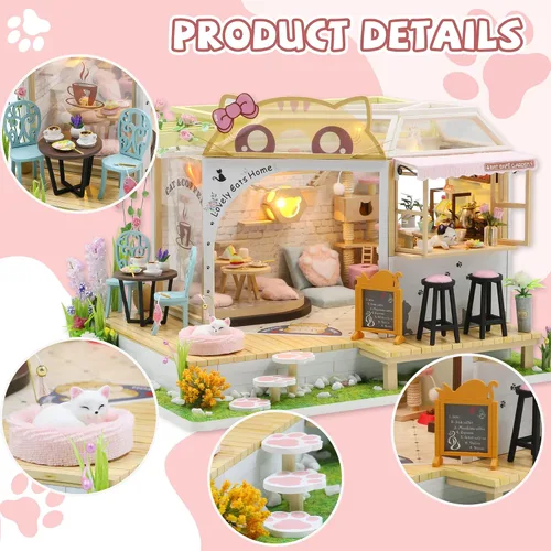 Miniatura 6 de Kit de casa de muñecas en miniatura Kisoy con muebles, modelo de casa hecho a mano DIY para adolescentes, regalo para adultos (Café Gato Jardín)