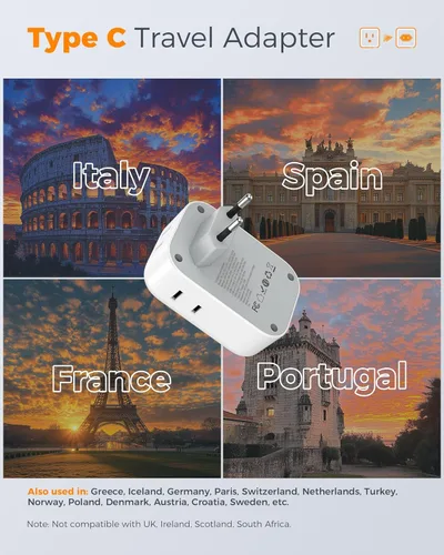 Miniatura 2 de TESSAN Adaptador de Enchufe de Viaje Europeo USB C Paquete de 3, Adaptador de Enchufe de EE.UU. a Europa con 4 Tomas de CA 3 Puertos de Carga USB
