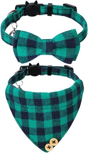 Miniatura 10 de Faleela Breakaway Collar de gato con campanas, paquete de 2 collares para gatos con campanas, collares de gato con bandana, accesorios para collares
