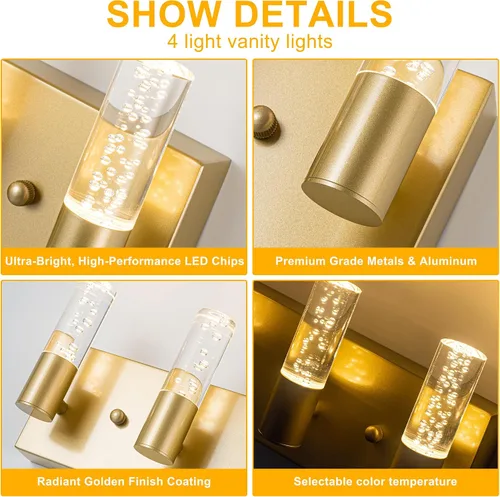 Miniatura 7 de Lámparas de tocador de baño sobre espejo con acabado dorado cepillado, 4 luces de tocador, apliques de pared para baño