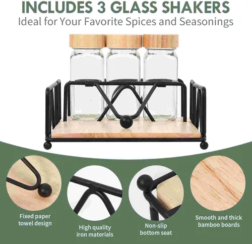 Miniatura 3 de Juego de 4 servilletas de metal con salero y pimentero, base de madera, moderno servilletero plano para mesa, decoración de mesa de cocina, cóctel